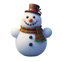 Cute and fluffy cartoon snowman with a brown top hat and a red and green striped scarf, perfect for holiday greetings.