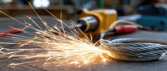 Black and gold braided electrical cable on fire creates sparks and smoke on electric workbench in dark setting during an unknown time