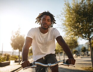 Black man cycling in the park on a sunny day