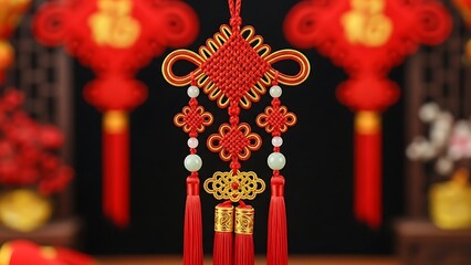 Traditional chinese knot decoration with red and gold tassels, pearls, and ornate patterns on black background with blurred lanterns