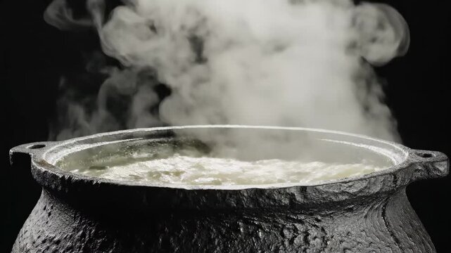 Steaming cauldron of bubbling potion in dark mysterious setting