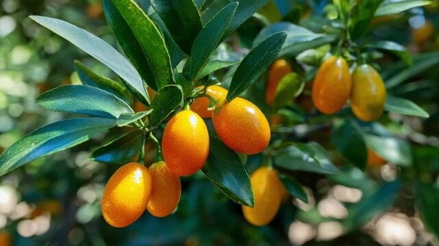 Medium shot of mature kumquat tree bearing ripe orange fruits focusing on vibrant color contrast and dense leaf coverage in a sunny garden environment.