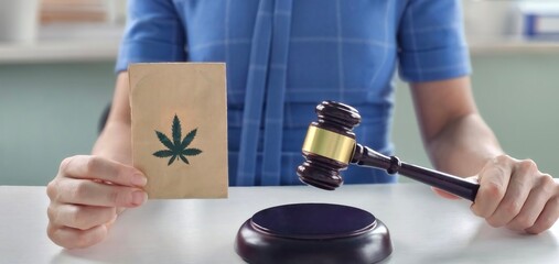 Hemp marijuana and hemp products at court hearing with judge gavel. Illegal sale of cannabis concept