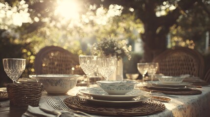 Beautifully Set Outdoor Dining Table Ready for a Summer Gathering.
