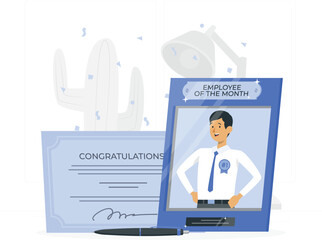 Employee of the month certificate with man in white shirt and blue tie congratulations