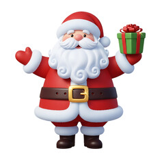 Happy Santa Claus holding a green Christmas gift with a red bow, offering a festive holiday greeting with outstretched arms.