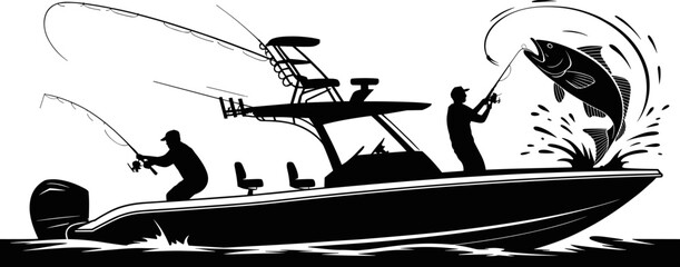Black Silhouette of Two Fishermen on a Speedboat Catching a Large Fish Jumping Out of the Water on White Background