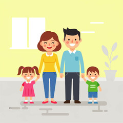 Happy Family Portrait Parents and Two Children Posing Together in a Bright, Welcoming Home Environment