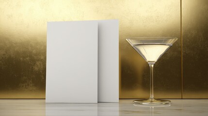Blank invitation cards stand beside a cocktail glass against a textured golden background