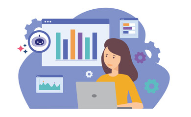 Woman analyzing financial data with AI technology. AI robot assistant for data analysis, stock trading and investment