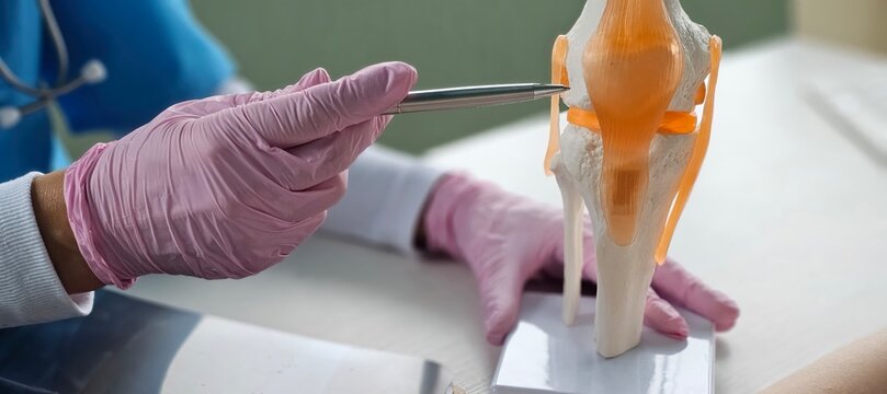 The doctor demonstrates knee anatomy using model during consultation with patient