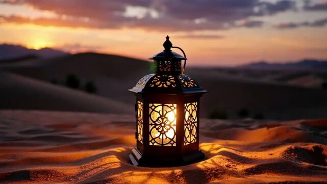Eternal Radiance: Traditional Arabic Lantern in the Desert at Sunset