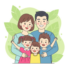A joyful and loving cartoon family illustration with parents embracing their happy children, symbolizing unity, warmth, and togetherness amidst a backdrop of vibrant green leaves