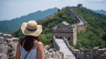 Woman wearing straw hat overlooks ancient wall landscape