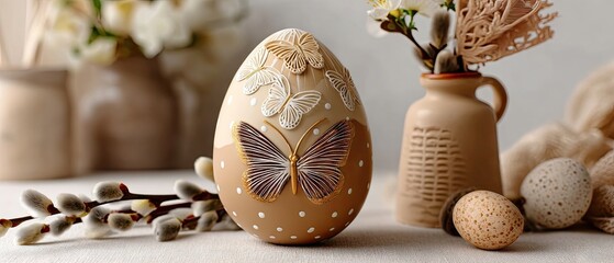 Easter cake shaped like an egg with white glaze and butterfly designs next to willow branch and flower vase on light fabric