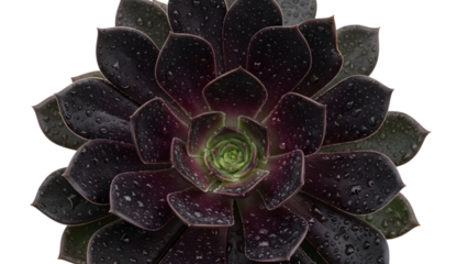 Succulent plant with water droplets on dark purple leaves isolated on a transparent background green center