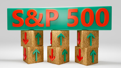 S and P 500 index symbol. Wooden blocks displaying S and P 500 and directional arrows indicating market trends with green and red symbols. On a table with a white background. 3d rendering