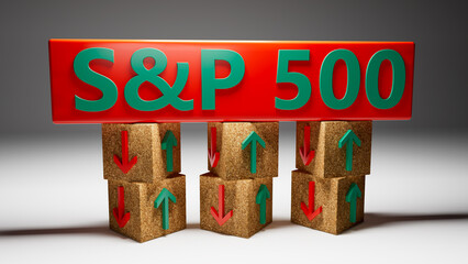 S and P 500 index symbol. Wooden blocks displaying S and P 500 and directional arrows indicating market trends with green and red symbols. On a table with a white background. 3d rendering