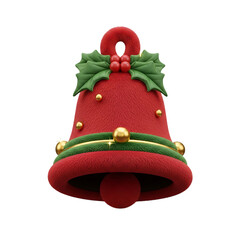 A festive red Christmas bell ornament with fluffy texture, adorned with gold beads, holly leaves, and berries.