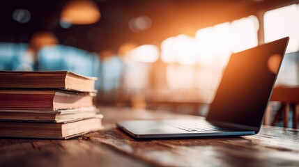 Stack of aged volumes rests beside an open portable computer on a wooden surface bathed in warm sunlight