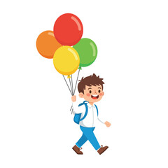 Happy School Boy Holding Colorful Balloons Walking Vector Illustration