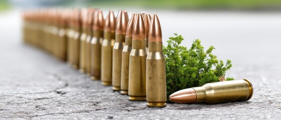 Green grass grows between bullets in cracked asphalt, showing new life in a gray background, symbolizing recovery from conflict in urban areas