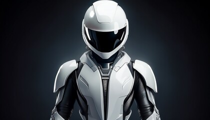 white futuristic armor suit black visor helmet science fiction character standing isolated modern design protective gear emotionless technology inspired