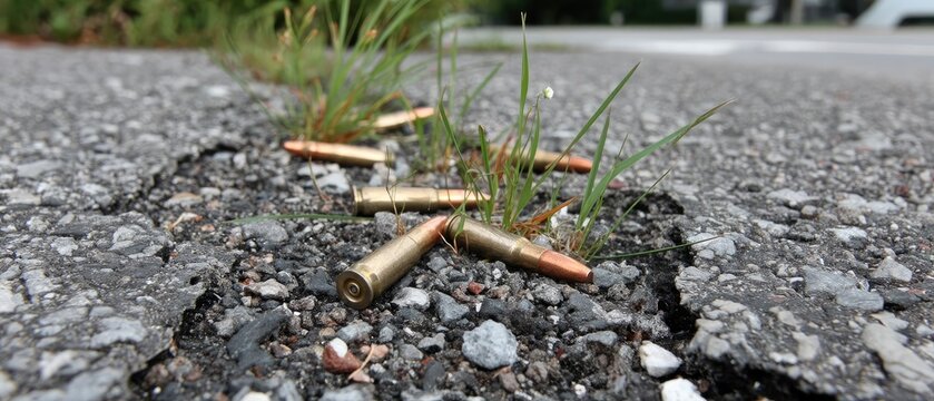 Green grass grows between bullets on cracked asphalt in a gray urban landscape after conflict showing resilience and hope in a war-torn area