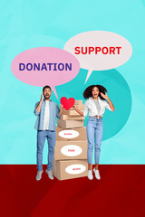 Naklejka premium Trend artwork sketch design collage of secondhand pile box food charity foundation young man lady stand hand hold heart donation support