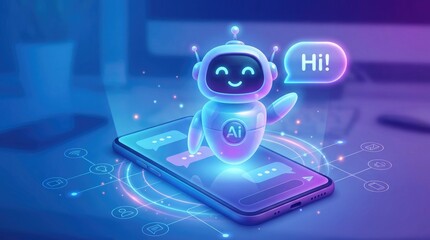 AI robot with 'AI' logo on chest emerging from smartphone with chat bubbles and glowing network lines