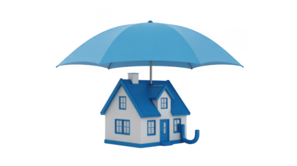Blue umbrella shielding a small white house with handle protection insurance isolated on a transparent background