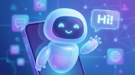Friendly robot with a speech bubble saying Hi emerging from a smartphone screen with digital network elements