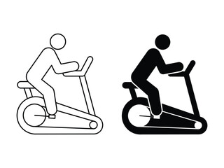 Stationery exercise bike icon in two styles. outline and solid black silhouette. Trainer Simulating Bicycle. Workout, Fitness. Gym and Sports Concept.
