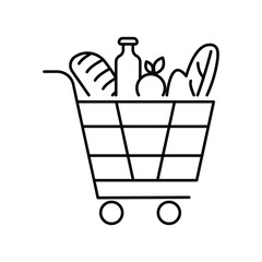 Grocery shopping Cart Icon with food items line icon. Shopping cart line icon. Simple outline style.