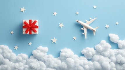Airplane gift flying through sky with clouds