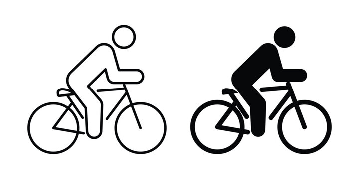 Bicycle rider icon set. bicycle black silhouette and editable stroke line icon. cycling icon, Bike symbol with rider on road.