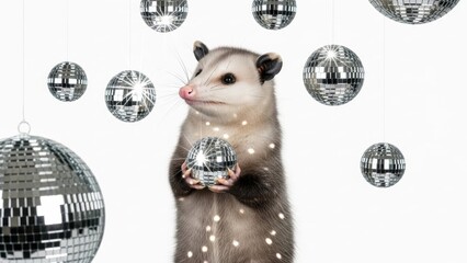 opossum with a mirrored disco ball, party celebration, on a white background, party animal photo