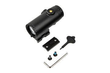 Black tactical red dot sight kit with mount, tools, and screws on white back