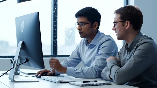 Two programmers review code on computer screen together. Developer team working on programming project in office. Men collaborate on coding software. Programmers discuss code at computer monitor.