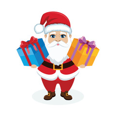 Cute Santa Claus holding gift boxes vector illustration. Happy Santa Claus with a gift box icon isolated on a white background. Christmas design element. Template for background, banner, card