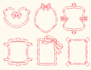 Coquette pink ribbon frame cute hand drawn doodle set,border and pink line.