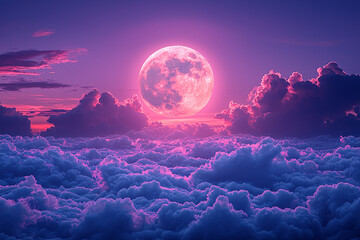 Surreal full moon glowing above a sea of soft pink and purple clouds in a twilight sky, creating an atmospheric fantasy landscape with calm, magical mood.