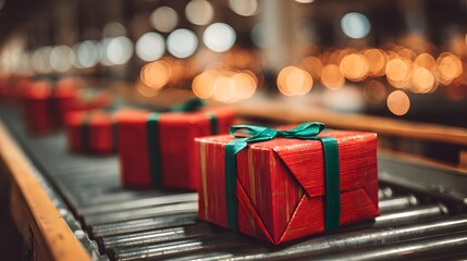 Christmas Gifts Moving on a Conveyor Belt Ready for Delivery.