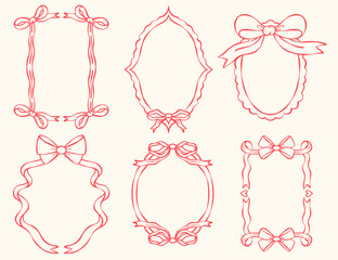 Coquette pink ribbon frame cute hand drawn doodle set,border and pink line.