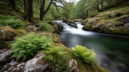 Obraz premium Waterfall flowing through forest at night with long exposure showing light and shadow effects on surface and surroundings with depth of field