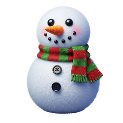 Cute Fluffy Snowman with Carrot Nose, Button Eyes, and Red and Green Striped Scarf