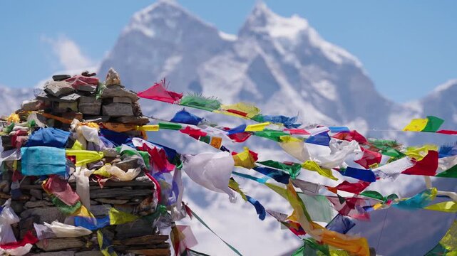 Tibetan Prayer Flags on Rock Cairn in Himalayas
