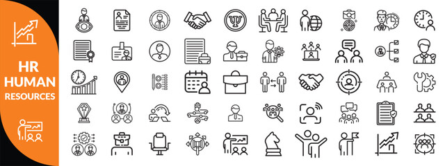 Set of 50 outline icons related to HR, Human Resources, Recruitment, Employment, business, office, company, management. Linear icon collection. Editable stroke. Human Resources, big icon set.