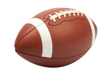 Brown American football with white laces and stripes isolated on a transparent background