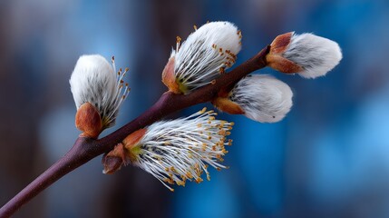 A branch of a tree with a few buds on it. The buds are white and fuzzy. The branch is on a blue background